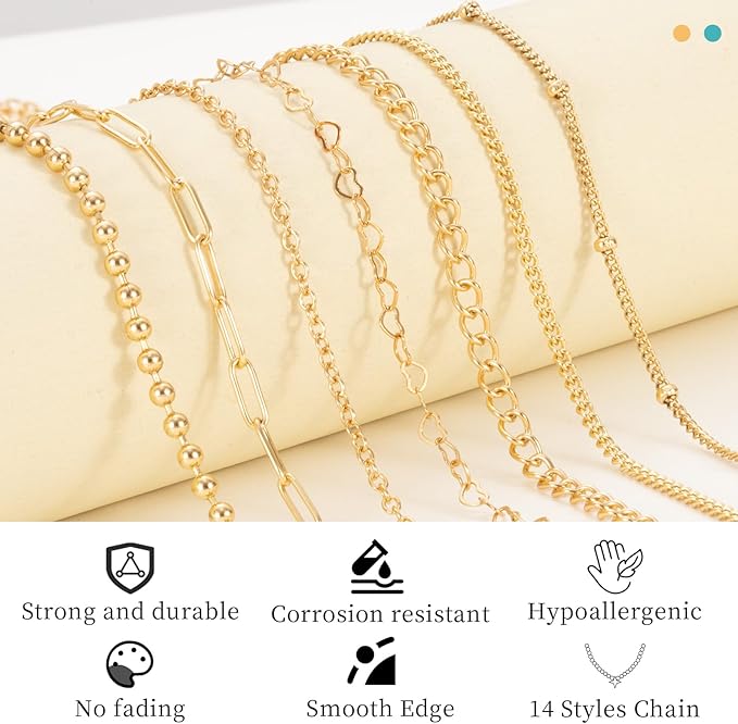 HUISUYTON Necklace Chain for Jewelry Making,45.93 FT 14 Rolls Stainless Steel Jewelry Chains Bulk with Jump Rings, Lobster Clasps, Connectors for DIY Necklace Earring Bracelet