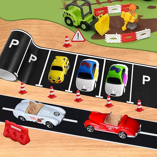 6 Rolls Roadway Tape, Race Cars Decorations for Kids Birthday Party, Race Track Tape Easy to Stick and Tear Without Leaving Any Traces, 92 FT Long 4 Types of Road Tape