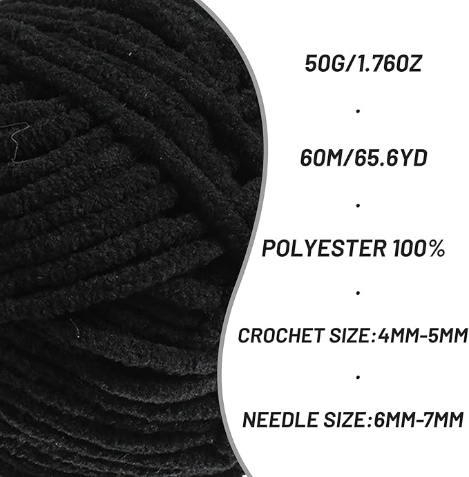 Fluffy Velvet Yarn for Crocheting，Baby Blanket Yarn for Crocheting Soft，50g(65.6yds) Amigurumi Yarns，Plush Chenille Crochet Yarns，Puzzle Yarn for Crochet Weaving Craft(Black)