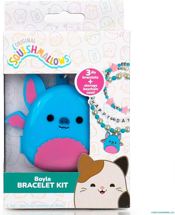 Original Squishmallows Boyle The Bat Bracelet Kit, Makes 3 Accessories, Fun Beads and Charms, Bonus Keychain, Friendship Jewelry Making Set, Gifts for Girls, Craft Kits, Arts and Crafts for Kids
