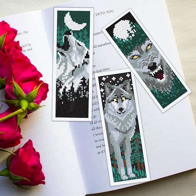 ORIGACH 6 Set Wolf & Forest Cross Stitch Bookmark Kit for Beginner with Backing Felt Floss Instructions DIY Stamped Embroidery Bookmark Kit for Adults, Book Lovers