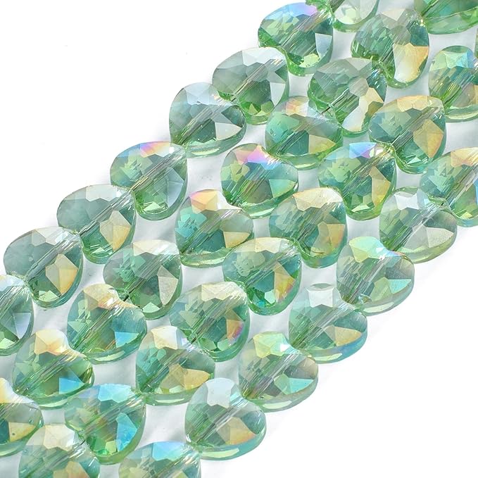 70pcs 8mm AB Light Green Faceted Heart Beads for Jewelry Making Crystal Glass Beads for Bracelets Necklace Crafts, Friendship Bracelet Kit, Love Gifts