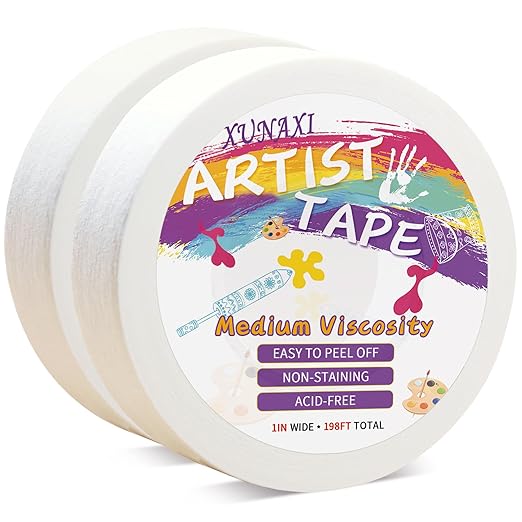 2 Packs Artist Tape Medium Tack White Art Tape for Watercolor Paper Drafting Art Painting Canvas Framing Acid Free Masking Tape- 1IN Wide 197FT Long Total
