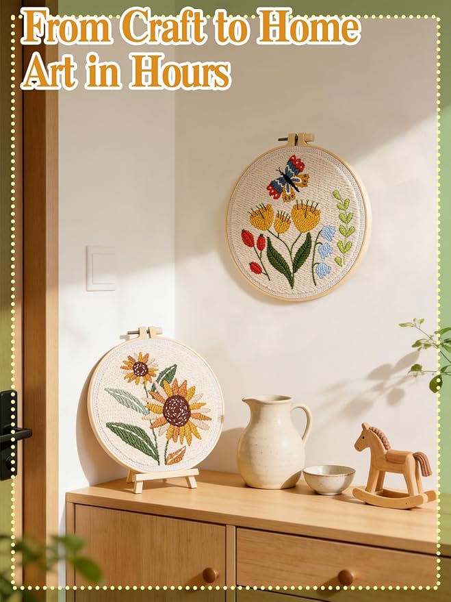 Punch Needle Kit Adults Beginner- Step-by-Step Guide & Video, Including Punch Needle Fabric with Pattern/Hoop/Needle/Yarns, Spring Embroidery Craft Kits, Easy Hobby Gifts for Women, Sunflower