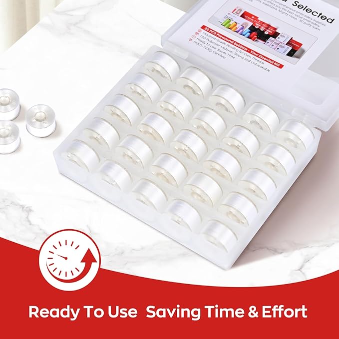 Poolin Prewound Bobbins Richword Selected White 25pcs Size A Bobbins, Plastic Sided, 70D/2(60WT) Polyester Bobbin Thread for Single Needle Embroidery and Sewing Machine