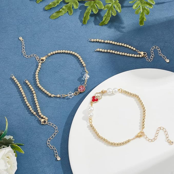 NBEADS 8 Strands Adjustable Bracelet Chain, 6.1" Golden Brass Round Beaded Half-Finished Adjustable Bracelets Extender Chain Stainless Steel Link Bracelets for Jewellery Making DIY Findings