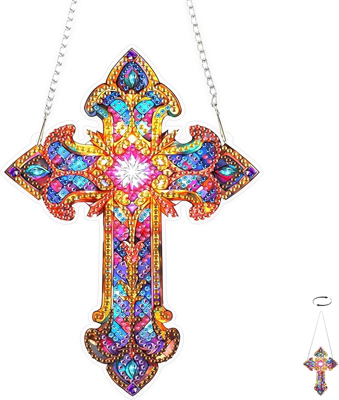 TOSTOG Cross Diamond Art Hanging Kits for Adults, Cross Diamond Painting for Adults Window Pendant, Special Shape Diamonds Diamond Painting Hanging Pendant Kit for Wall Home Decor Gift