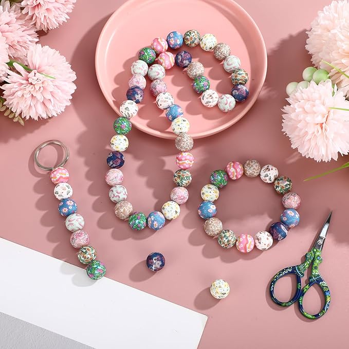 Ferreve 60 Pcs 15mm Silicone Beads Bulk Spring Ditsy Floral Print Round Focal Beads Rubber DIY Silicone Loose Bead for Bracelet Making Kit for Keychain Pens Necklace Bracelets Jewelry Making