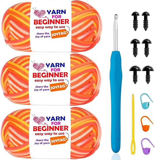 3 Pack Rainbow Beginner Crochet Yarn for Crocheting Knitting Multicolor Cotton Crochet Yarn for Beginners with Easy-to-See Stitches Cotton-Nylon Blend Easy Yarn for Beginners(Golden Sunshine)