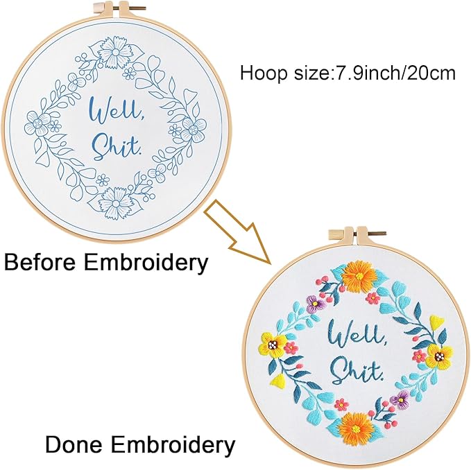 Louise Maelys Funny Embroidery Kit for Beginners,Adults Cross Stitch Kits with Flower Wreath Pattern,Needlepoint for Starters Including Cloth,Hoop,Instruction and Threads