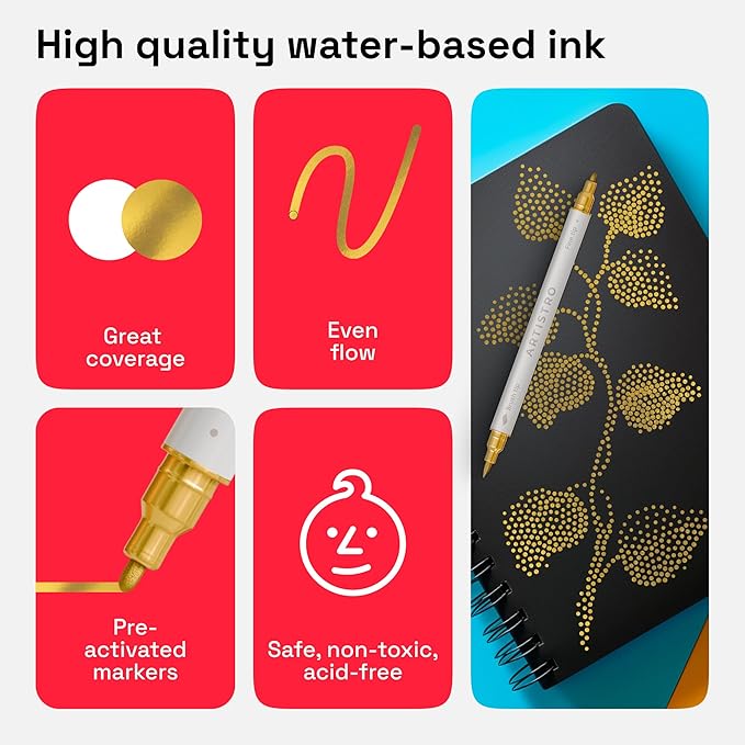 ARTISTRO 5 Gold Acrylic Paint Markers - Paint Pens for Drawing, Brush + Fine Tips - For Fabric, Rock, Glass, Wood, DIY, Eggs - Art & Craft Supplies for Adults, Teens, Kids - Easter Basket Stuffers