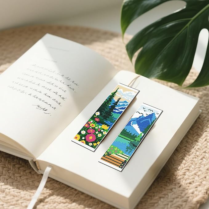 FREEBLOSS 6 Set Cross Stitch Bookmarks Kit Mountains&Rivers Stamped Cross Stitch Kit DIY Embroidery Bookmark Set with Instruction for Adults Beginners Gift for Reading Enthusiasts 8 * 2.4inch 11CT
