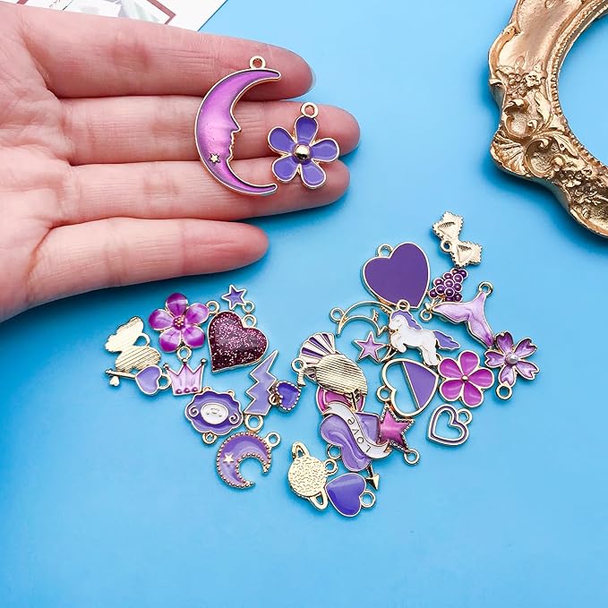 Youdiyla 60pcs Alloy enamel purple series fixed set Pendant Jewelry Making DIY Keychain Earrings Pendant Various Design Charms for Jewelry Making Bracelets Necklace (HK555)