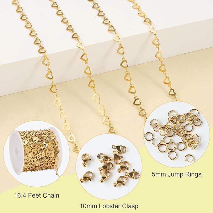 SMYHTGLIF 5 Meters Flat Heart Chain Bulk for Jewelry Making Stainless Steel Chain Bulk Roll with Lobster Clasps and Jump Rings