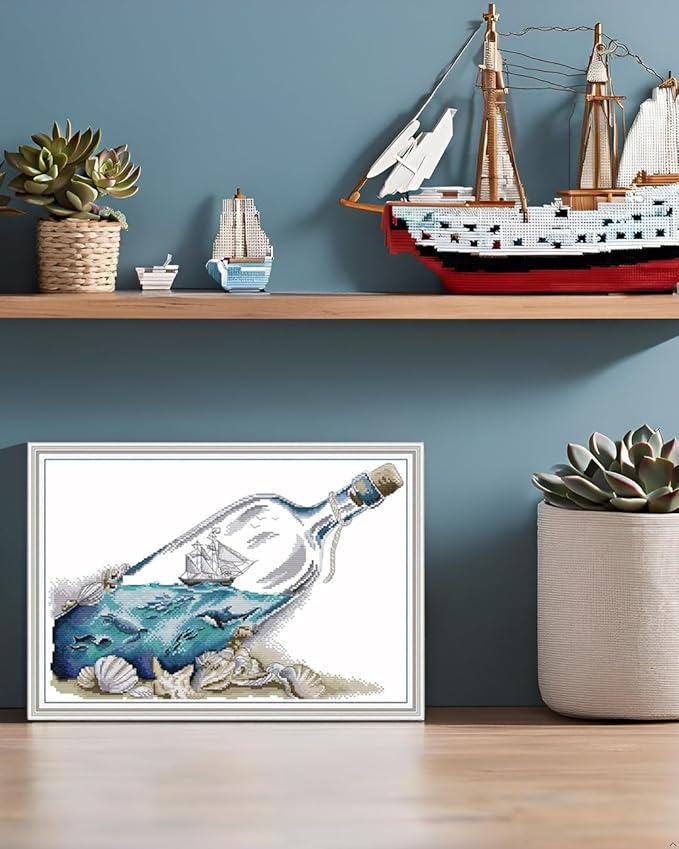 CaptainCrafts Cross Stitch Kits for Adults Counted Cross Stitch Unprinted Fabric Cross Stitching DIY Art DMC Needlecrafts Embroidery Kit for Adults (White, Drifting Bottle in The Sea)