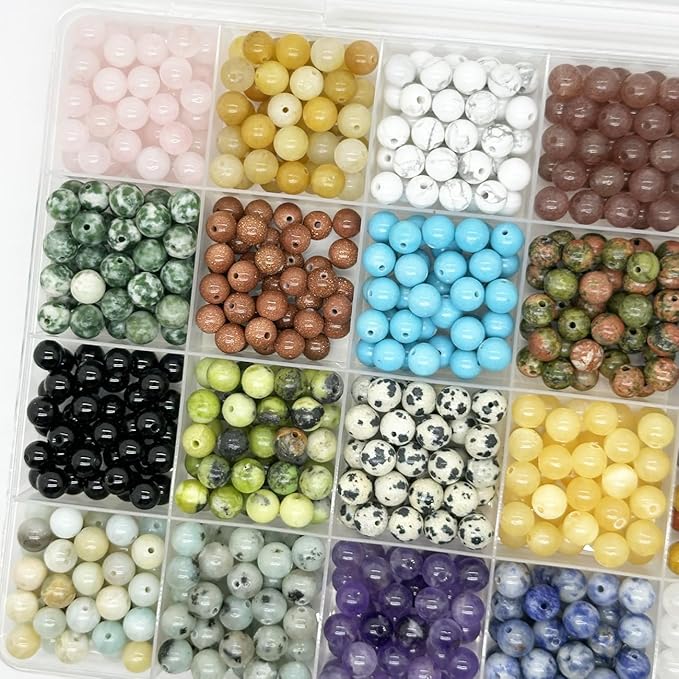 Yephac 960pcs 6mm Natural Stone Beads, Round Crystals Bead Genuine Real Stones, Gemstone Beads Kit Charms for Bracelets Jewelry Making,Box Packed(24 Colors,6mm)