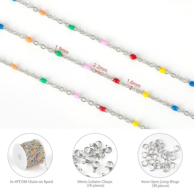KYUNHOO Colorful Beaded Stainless Steel Jewelry Making Chains Silver Necklace Chains Bulk on Spool Thin Cable Chain Link with Jewelry Making Supplies for Bracelet Choker Crafting