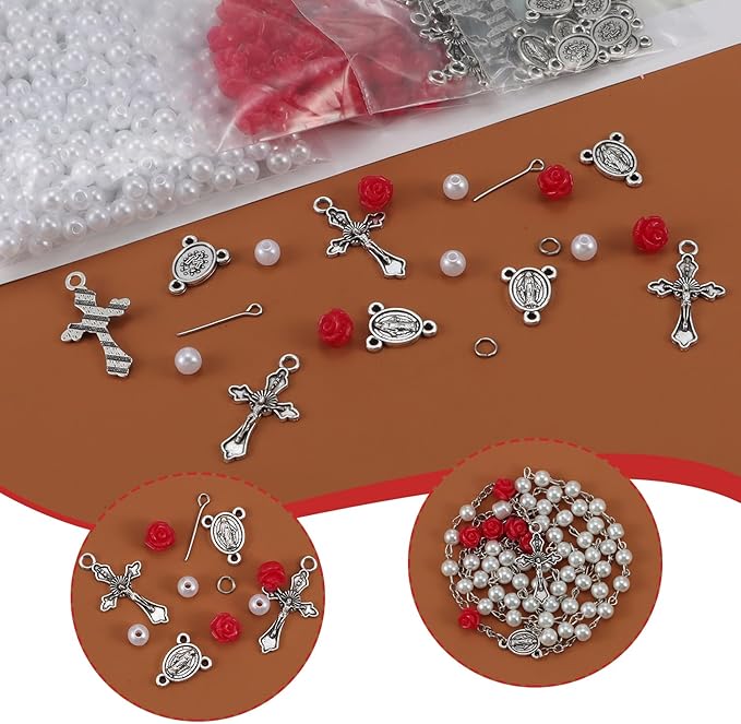 OEMOO 1410PCS Rosary Jewelry Making Kit Rosary Prayer Making Supplies Carved Rose Beads Cross Centerpiece Crucifix Medal Kit First Communion Necklace Set for Rosary Necklace Jewelry Making (White)