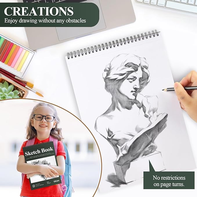Utron 9"x12" Sketchbook Drawing, Top Spiral Sketching Pad, 100GSM/68LB Acid Free Art Sketching Pad, Drawing Paper, Beginner Artist (50 Sheets, White)