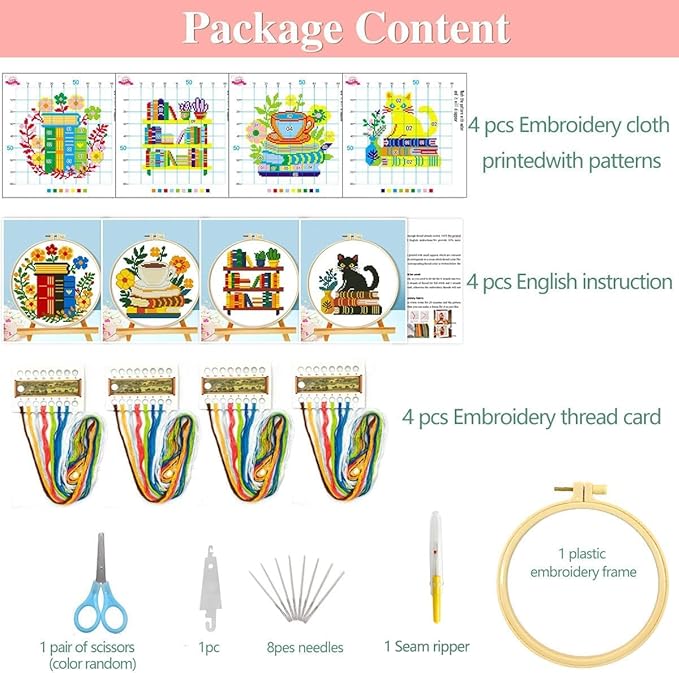 Zhenqing 4 Themes Cross Stitch Kit Set - 11CT 9.45x9.45Inch, Coffee/Books/Cats/Floral Designs, DIY Embroidery Kit with Full Tools (Hoops, Scissors, Tassels) & Guide, Cozy Home Decor Gift(69601)