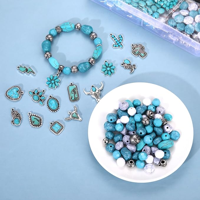 NVENF 1800PCS+ Western Beads Charms for Jewelry Making Turquoise Clay Heishi Beads Vintage Cactus Flower Lightning Boot Cow-head Charms for Western Bracelet Making DIY Crafts (Turquoise 1)