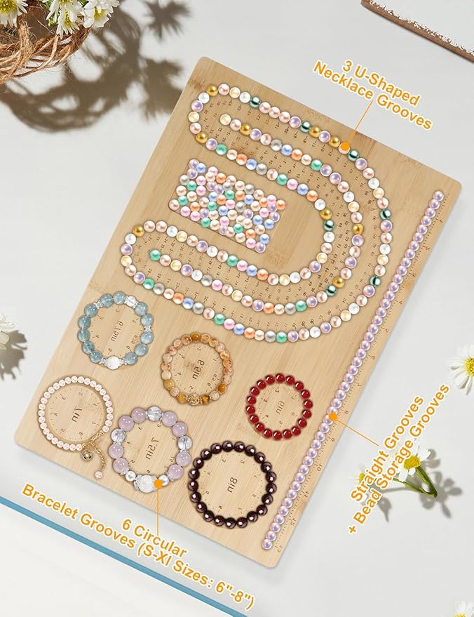 2-in-1 Bead Boards for Jewelry Making,Bamboo Beading Board for Bracelet,Necklace,Earrings,DIY Bracelet Necklace Making Supplies and Measuring Tool-Patent Pending