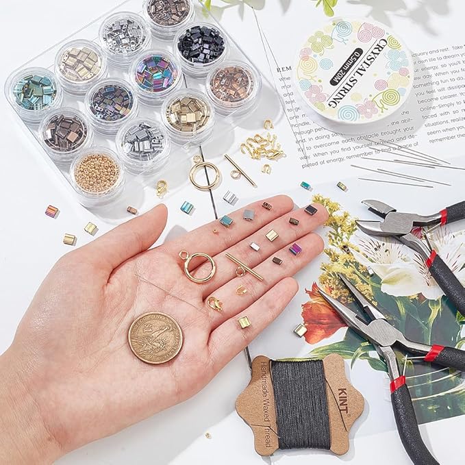 NBEADS About 480 Pcs 2-Hole Beads Kit, Metallic Colors Glass Seed Beads Kit Including Elastic Thread Pliers Cutter and About 344 Pcs Glass Seed for Jewelry Bracelet Earring Making