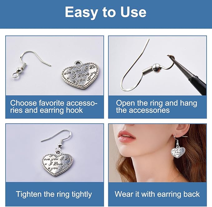 925 sterling silver earring hooks, 600pcs earring making kit 200pcs/100pairs hypoallergenic ear wires with 200pcs silver open jump rings and 200pcs rubber backs earring backs for jewelry making