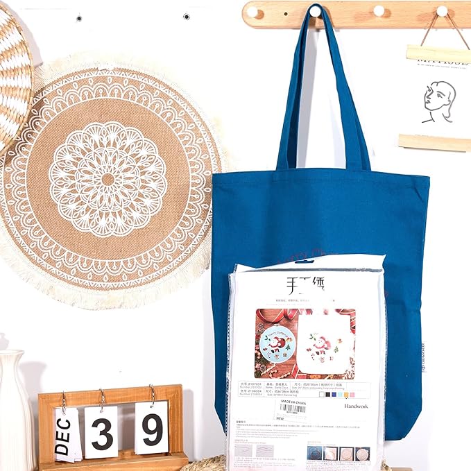 CREAWONDER Canvas Tote Bag Embroidery Kit with Pattern for Beginners, Arts and DIY Embroidery Crafts Kits for Adults, Include Instructions, Thimble, Embroidery Hoops, Color Threads and Tool