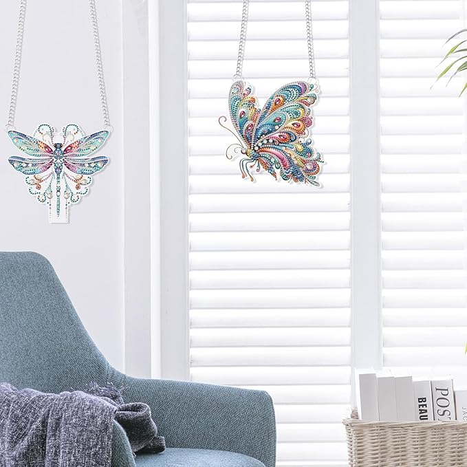 JISHSHAY 2 PCS Diamond Painting Pendant 5D DIY Butterfly Diamond Art Wind Chime Special Shaped Crystal Suncatcher Garden Wind Chimes Diamond Art Keyrings Pendant Necklace