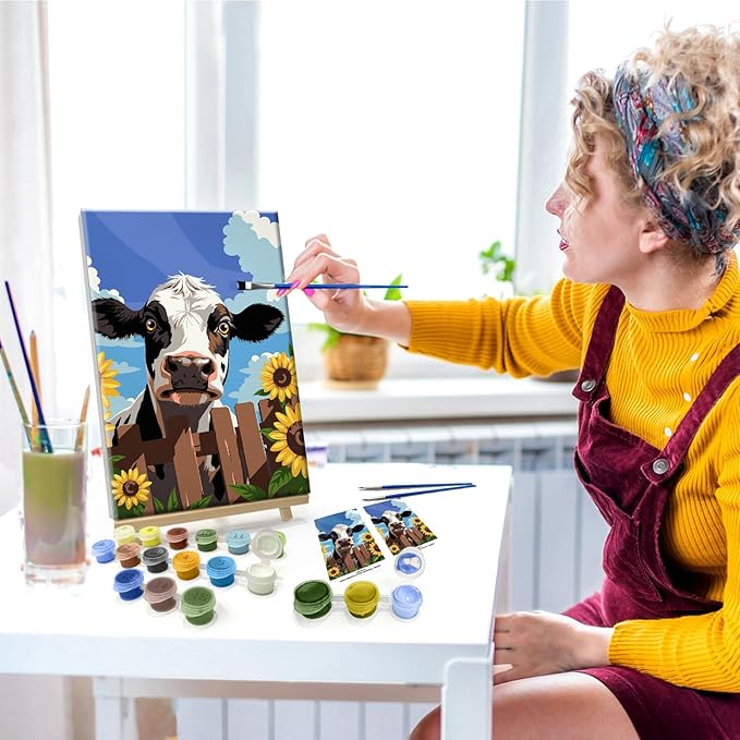 JOOZ Cow Paint by Numbers Kit for Adults with Frame Sunflower Paint by Number with Easel Adult Paint by Number Kits Framed Canvas Oil Painting Kits for Home Wall Decor 8x12 Inch