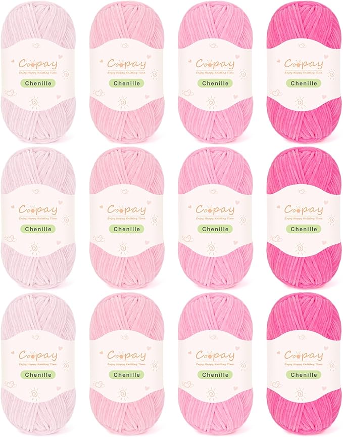 Coopay Skinny Chenille Yarn for Crocheting and Knitting, 12 Pack of 50g/1.76oz-1764yd Total, Soft Velvet Yarn of Baby Weights-Suitable for Baby Blankets, Plush Toys-Super Soft (Light Pink Gradient)