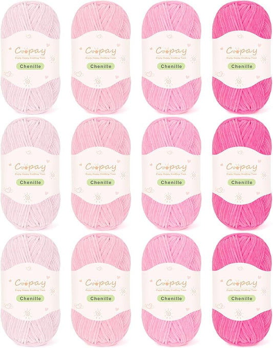 Coopay Skinny Chenille Yarn for Crocheting and Knitting, 12 Pack of 50g/1.76oz-1764yd Total, Soft Velvet Yarn of Baby Weights-Suitable for Baby Blankets, Plush Toys-Super Soft (Light Pink Gradient)