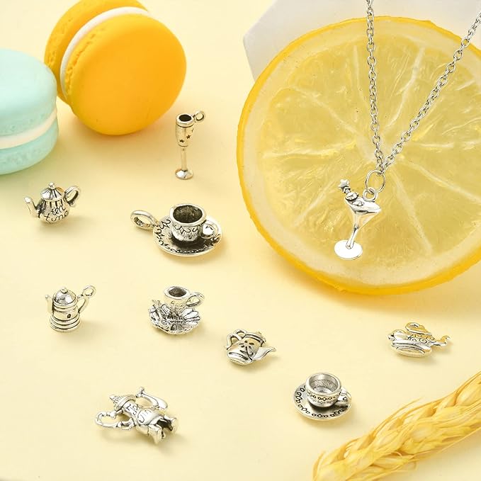 DanLingJewelry 100Pcs 10 Styles Antique Silver Afternoon Tea Theme Charms Tea Cup and Teapot Coffee Mug Charms DIY Jewelry Making