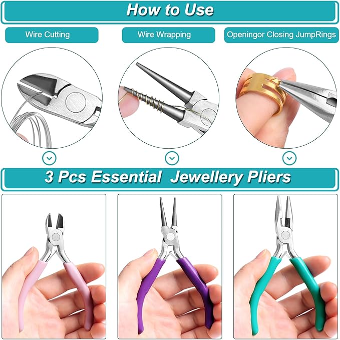 Jewelry Pliers and Jump Rings Set, Needle Nose Round Nose Wire Cutters Chain Pliers for Bracelet, Necklace Jewelry Repair Supplies Kit