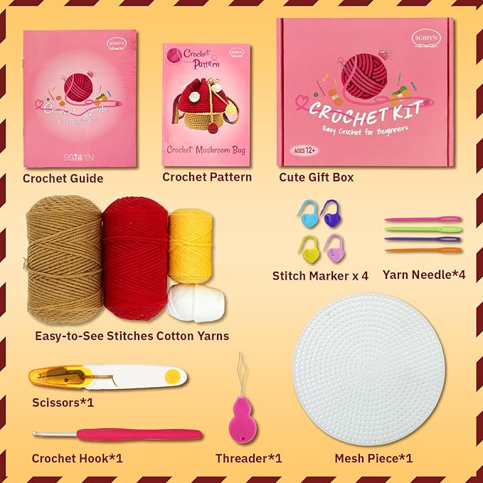 SGIBYN Crochet Kit for Beginners with Step-by-Step Video Tutorials – DIY Mushroom Crossbody Purse Bag, Crochet Bag Kit for Women, Knitting Kit, Handcraft Kit