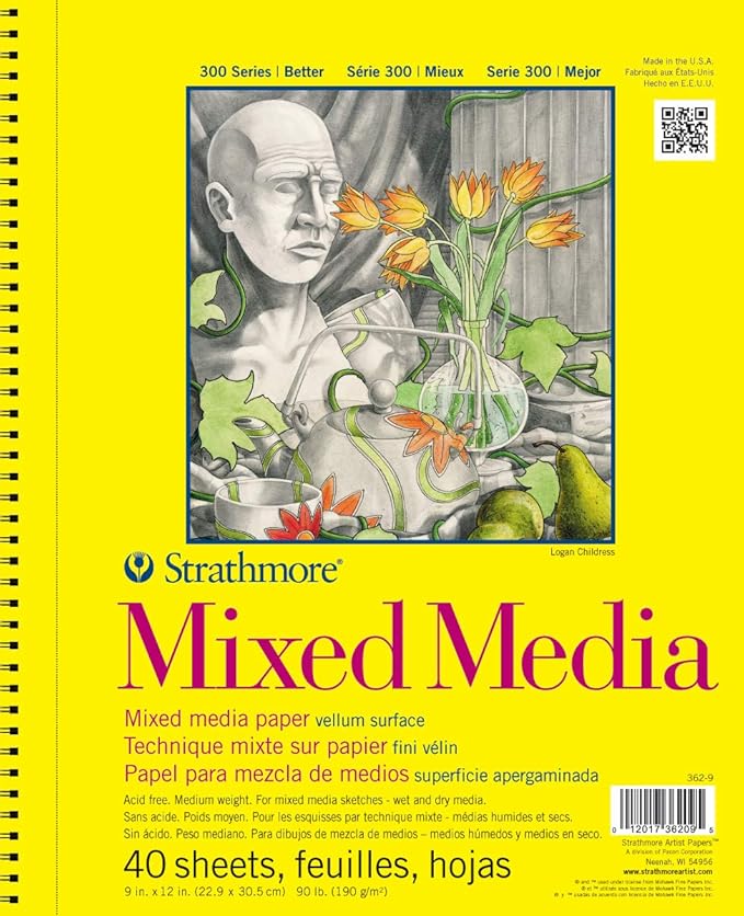 Strathmore 300 Series Mixed Media Paper Pad, Side Wire Bound, 9x12 inches, 40 Sheets (117lb/190g) - Artist Paper for Adults and Students - Watercolor, Gouache, Graphite, Ink, Pencil, Marker