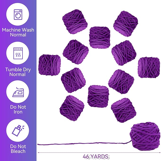 Timgle 12 Skeins Chunky Chenille Yarn for Crocheting, 552 Yards Bulky Purple Thick Fluffy Yarns Soft Velvet Plush Yarn for Hand Knitting Blanket Crafts Project