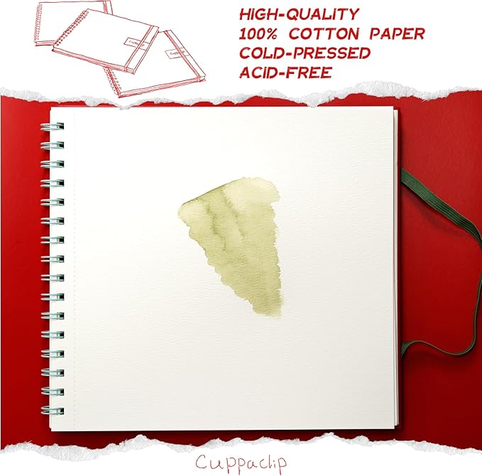 CuppaClip Watercolor Paper 9"x8.5" 300GSM 140LB Spiral Bound Cotton Water Color Pad Cold Press Inner Pocket Art Supplies (Red)