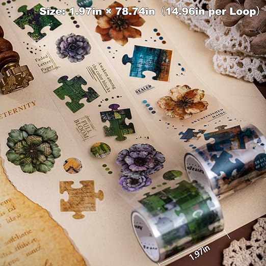6-Roll Puzzle Piece Floral PET Tape Set – Pre-Cut Transparent Vintage Collage Flower Stickers for Scrapbooks Journals Planners Cards & DIY Craft Decoration