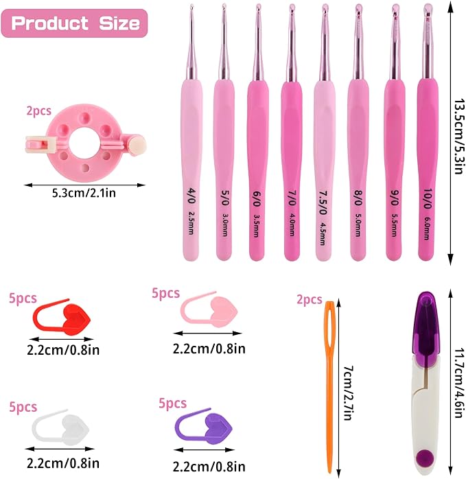 AEXHOT 34PCS Crochet Hooks Set, 8 sizes 2.5-6 mm High-Quality Pink Gradient Aluminum Ergonomic Soft Handle Crochet with Case and Crochet Kit for Beginners Adults for Arthritic Hands Crochet Needle Set