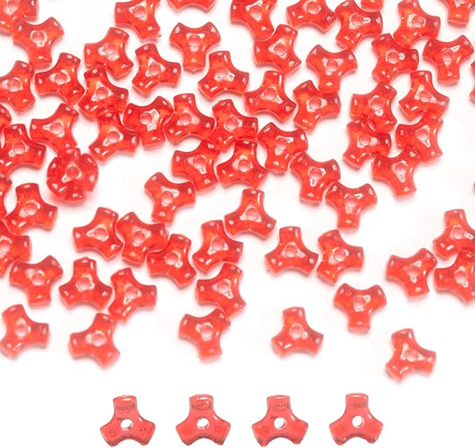 1300pcs Acrylic 10mm Plastic 3-Sided Kandi Tri-Shaped Bone Beads Bulk for Wreath Candy Cane Rainbow Holiday Tree Decorations Translucent Red