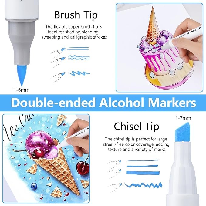alcohol markers brush tip, 60 Colors Brush & Chisel Permanent Alcohol Markers Set, Dual Tip Art Markers Set for Adult Coloring Book