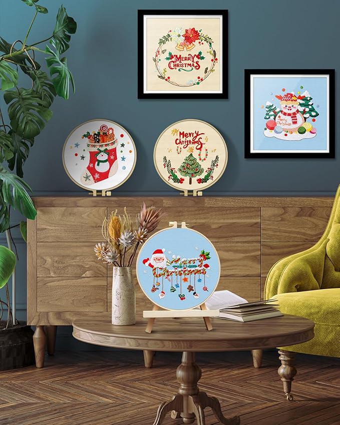 TINDTOP Christmas Embroidery Kit for Adult, 5 Pack Embroidery DIY Starter Kit, with Stamped Patterns, Hoop, Tools, Colorful Threads with Needles, Instructions