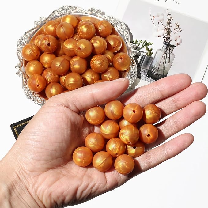 120pcs Richbunnys 15mm Bulk Silicone Beads for Pens and Keychain Making,Large Bead for Necklace and Bracelets Making,Assorted Rubber Beads Set（Pearlescent Gold）