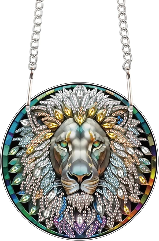 Lion Diamond Painting Hanging Kit, DIY 5D Acrylic Pendant with Special Shaped Rhinestones, Lion Head Diamond Art Ornament for Wall, Door, or Garden Decoration, Handmade Craft Gift for Adults