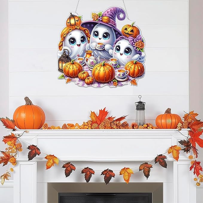 Diamond Art Hanging Kits for Adult, Fall Pumpkins Crafts Decor 5D DIY Acrylic Diamond Art Painting Ornaments, Window Pendants Wall Hanging Kits for Home Garden