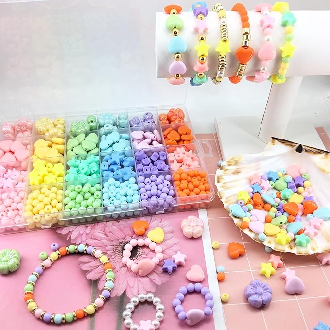 720Pcs Macaron Colors Assorted Beads for Jewelry Making, Acrylic Star Hart Flower Beads for Bracelets Making Round Pastel Beads Colorful Aesthetic Beads Bulk for Necklaces Phone Chains
