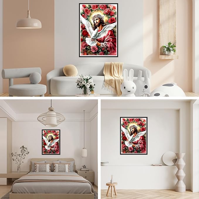 SENQAO Jesus Diamond Art Kits for Adults, Peace Dove Diamond Painting Kit for Beginners, Round 5D DIY Diamond Dots, Full Drill Painting Kit Art and Crafts for Adults Home Wall Decor 12x16inch