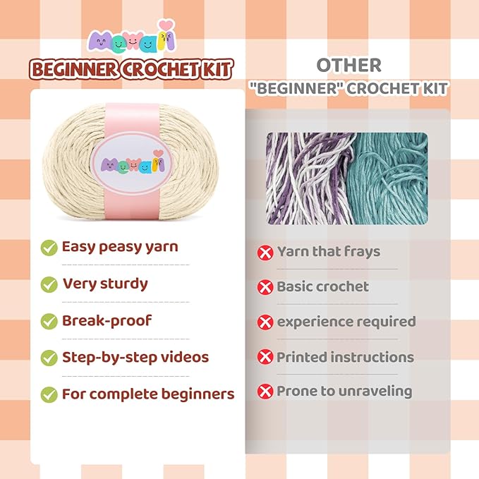 Mewaii Crochet Kit for Beginners Level 1 with 40% Extra Eco-Friendly Pre-Started Easy Yarn, Step-by-Step Video Tutorials for Adults and Kids (Toast Coaster)